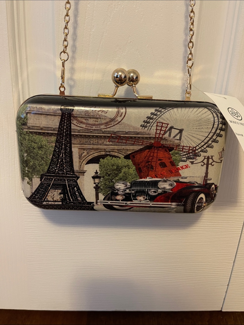 Paris Vintage Print Hardcase Crossbody Clutch - Red/Black